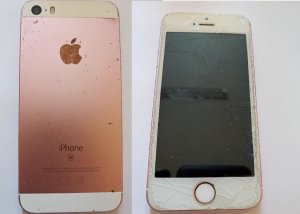 iPhon zdjęcie tyłu telefonu w kolorze różowym, zdjęcie przodu telefonu z rozbitą szybką