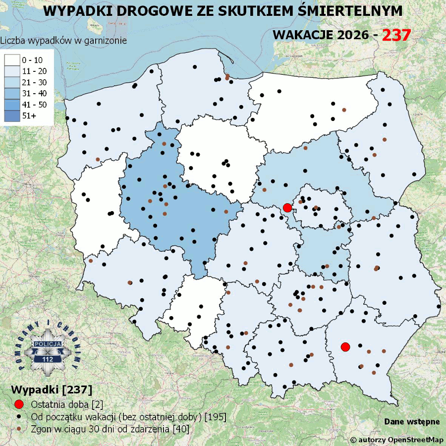 Mapa prezentująca liczbę wypadków poprzedniej doby w Polsce. Prezentowane dane są dostępne w tekście poniżej.